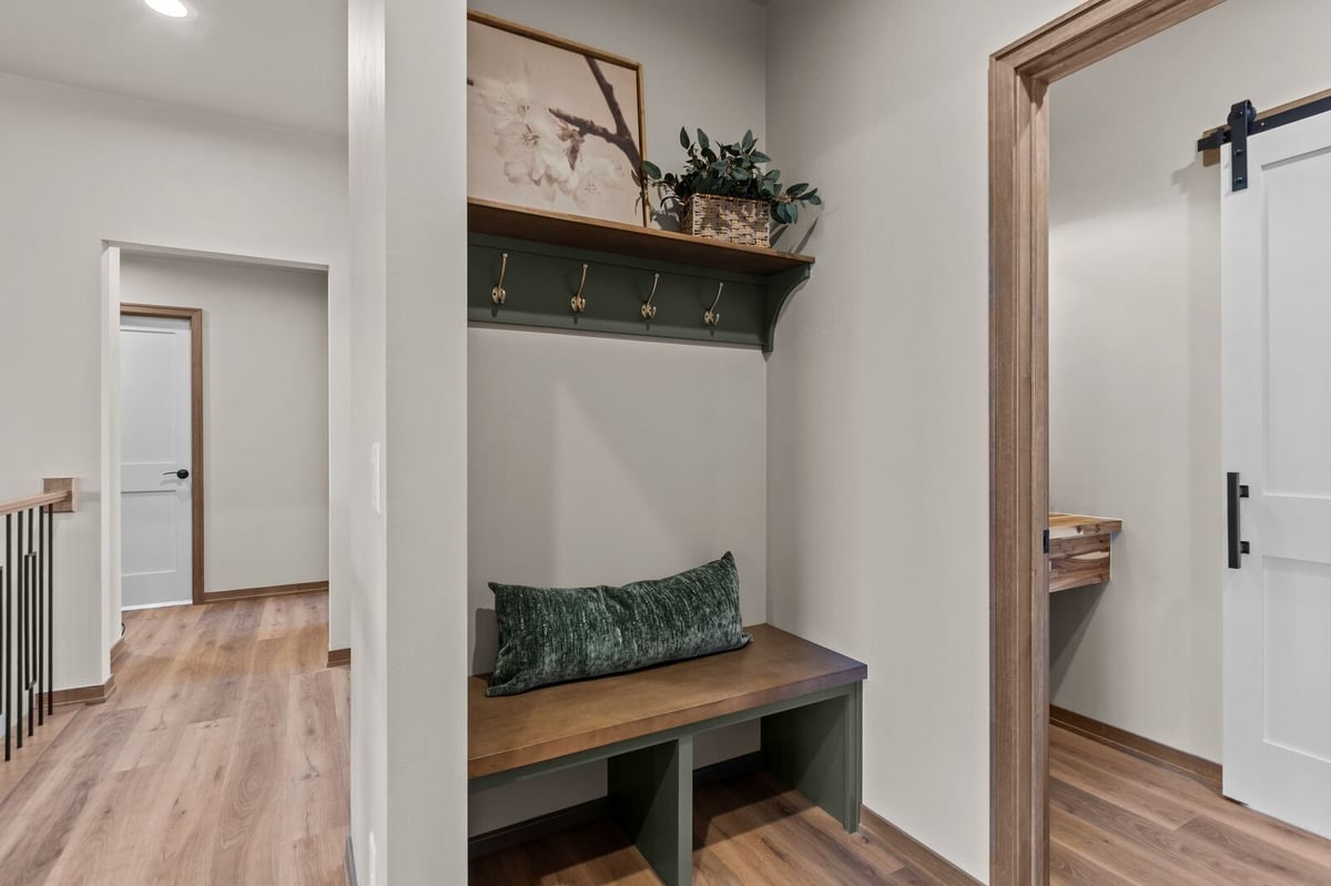 Built-in mudroom bench and storage nook in a Northern Wisconsin home
