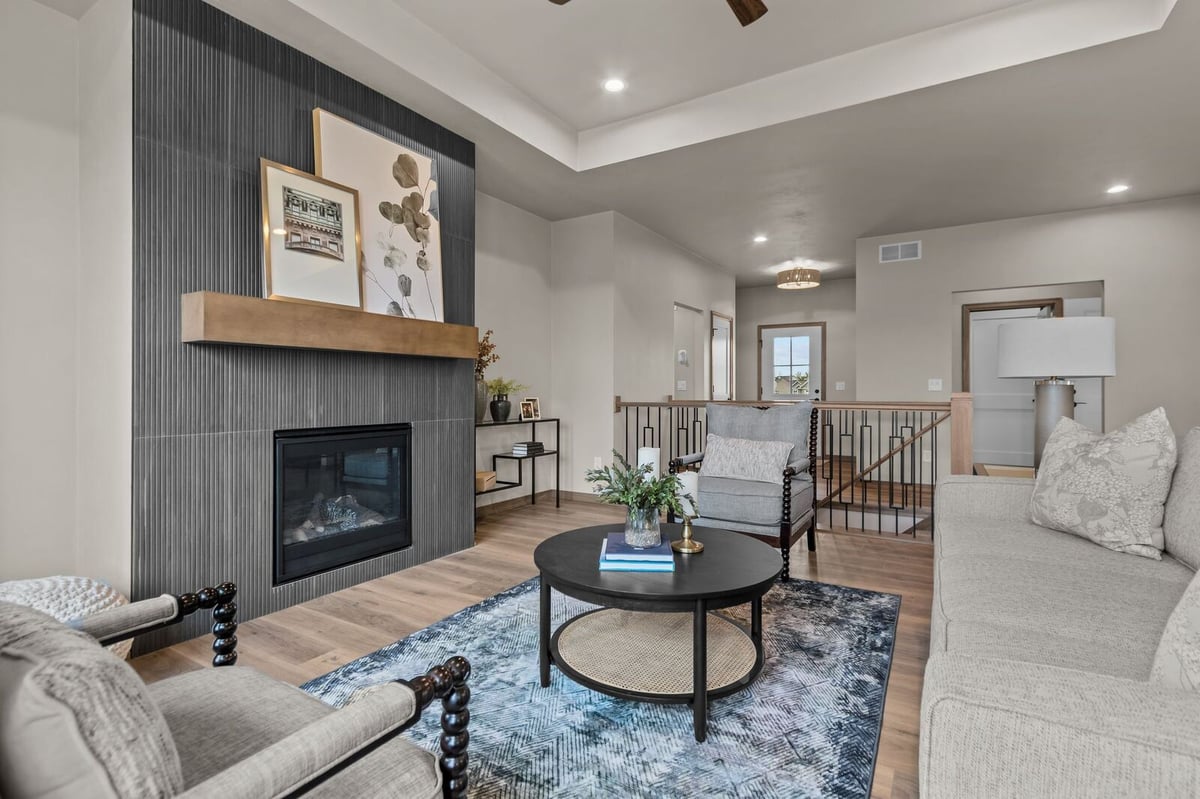 Cozy Northern Wisconsin living room with fireplace feature wall and modern decor
