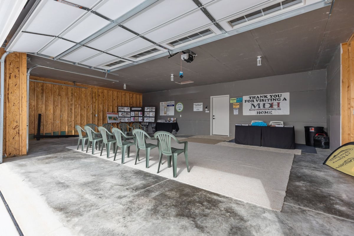 Attached garage of a Northeast Wisconsin home set up as a model home presentation area