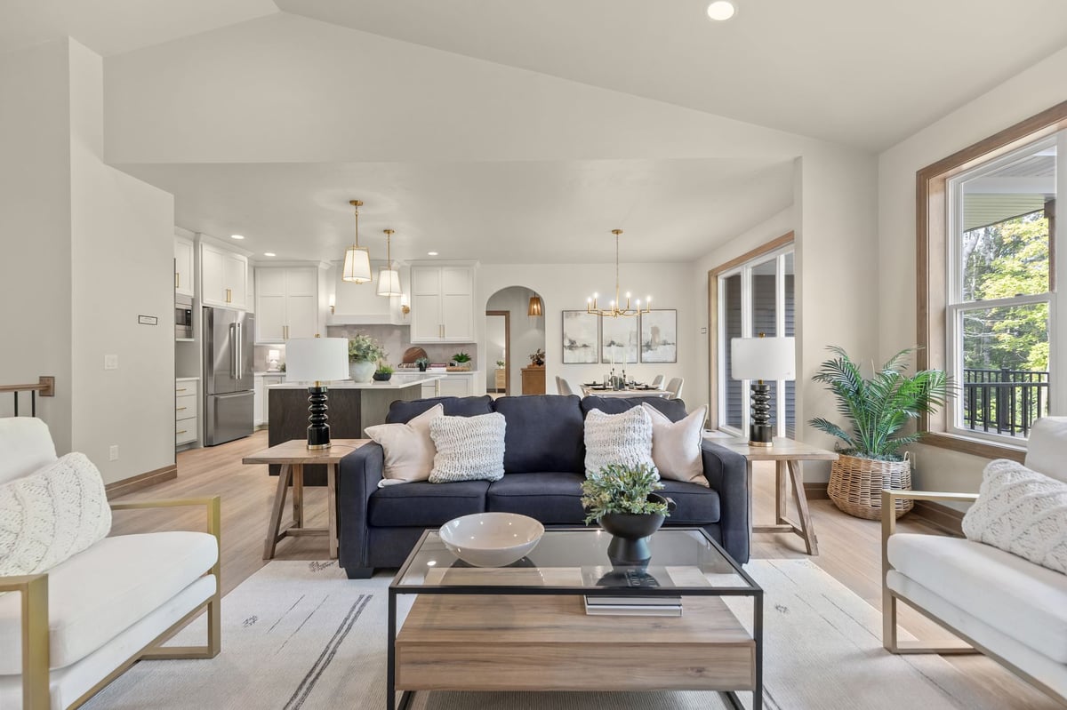 Open living room overlooking the kitchen and dining area in a Northeast Wisconsin home