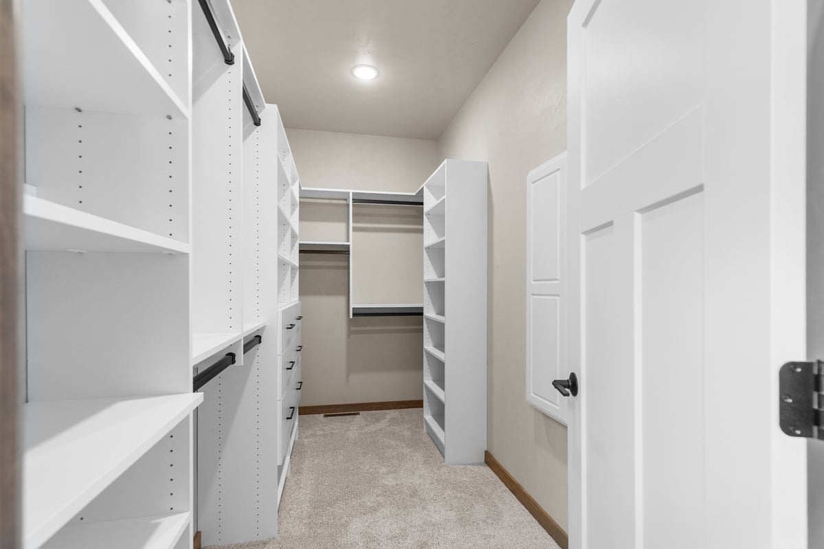 Appleton, WI walk-in closet with built-in shelving, hanging rods, carpet flooring, and ample storage space