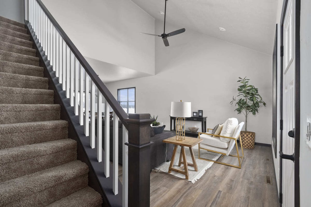 Living room with vaulted ceilings and modern decor in the Fox Cities
