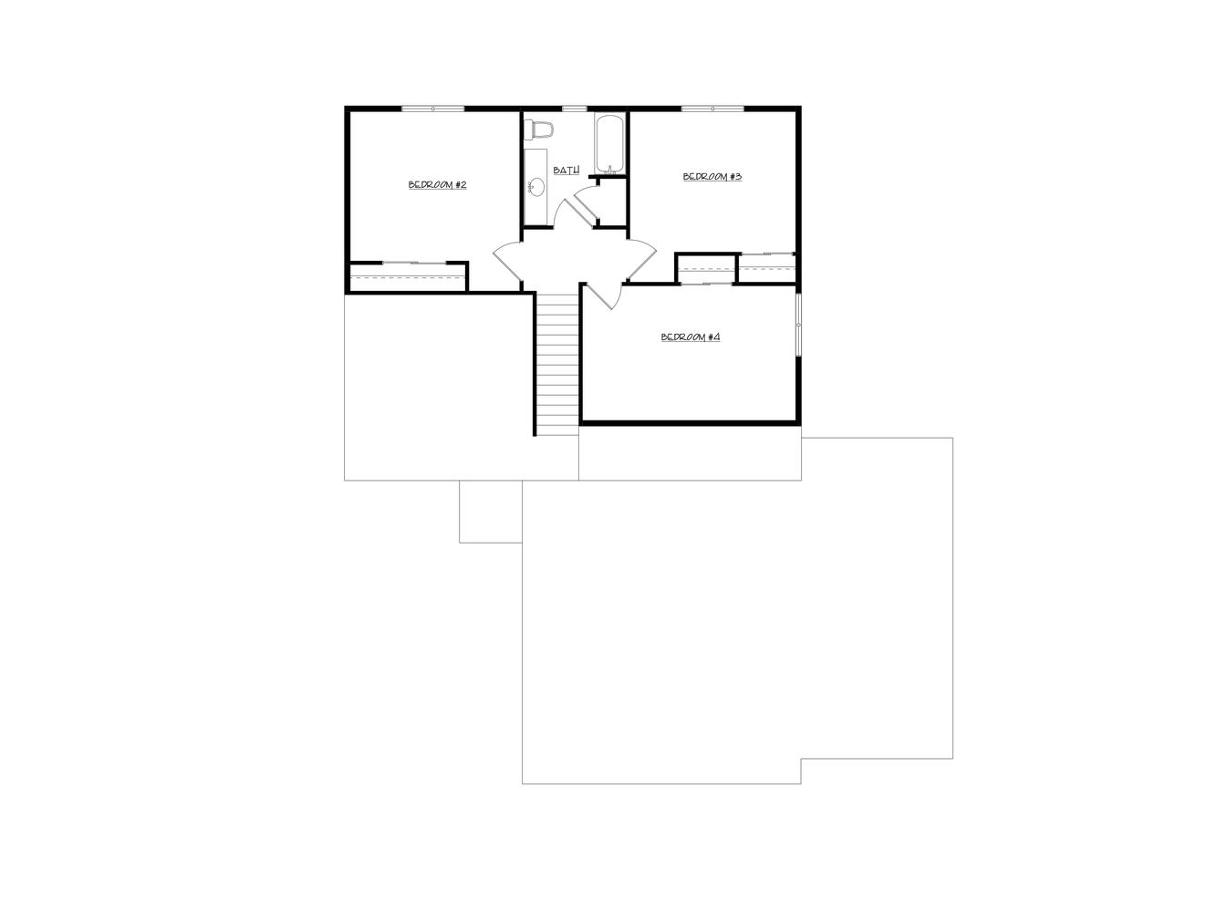 Second-story layout showing three bedrooms and a bathroom in a custom home by Midwest Design Homes in Bellevue, WI
