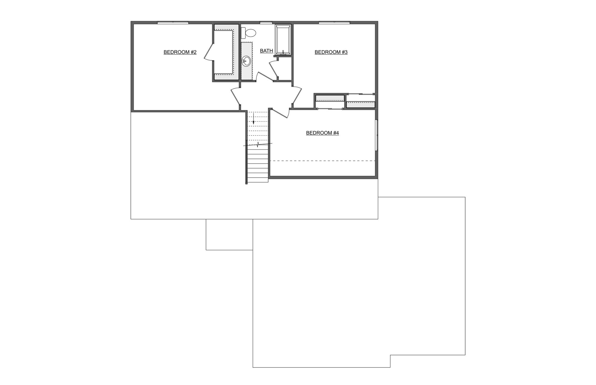 Second-story layout showing three bedrooms and a bathroom in a custom home by Midwest Design Homes in Bellevue, WI Second-story layout showing three bedrooms and a bathroom in a custom home by Midwest Design Homes in Bellevue, WI