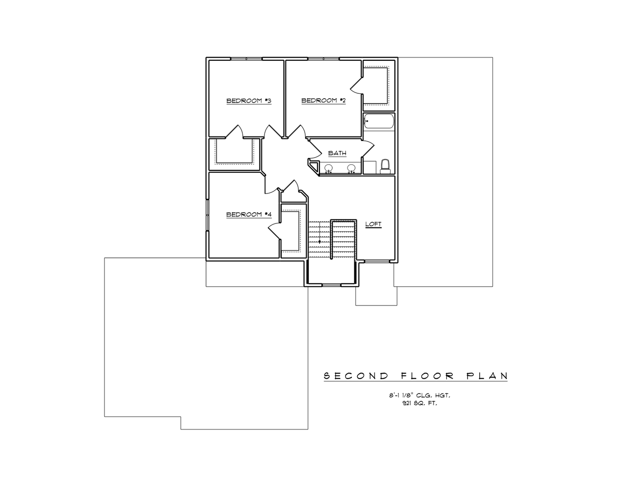 Second floor plan layout with loft and three bedrooms by Midwest Design Homes in Bellevue, WI