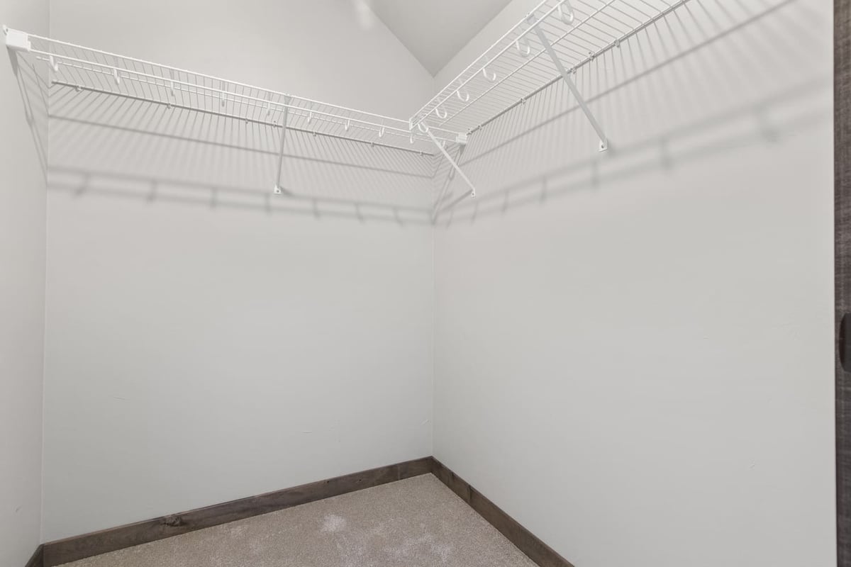 Walk-in closet in a Fox Cities home featuring white wire shelving and neutral-toned carpet flooring