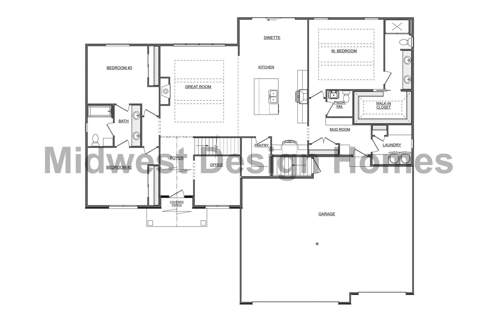Beechwood first floor layout of a custom home designed by Midwest Design Homes in Kaukauna, WI