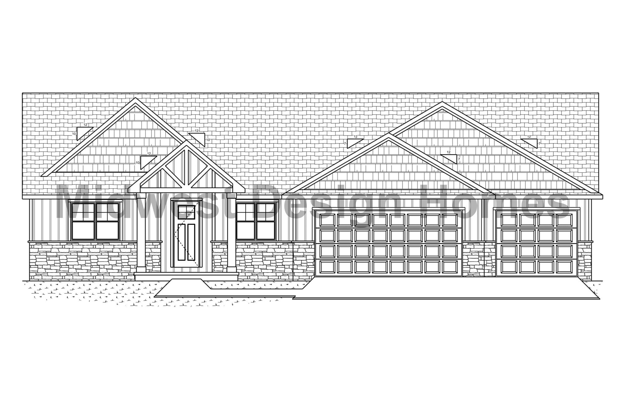 Beechwood front elevation drawing of a Midwest Design Homes custom ranch-style home in Green Bay, WI