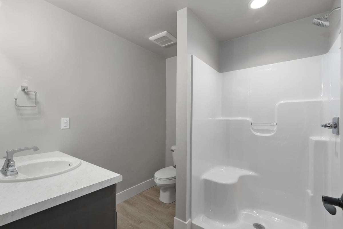 Modern bathroom with walk-in shower, single vanity, and neutral finishes in a Fox Cities home