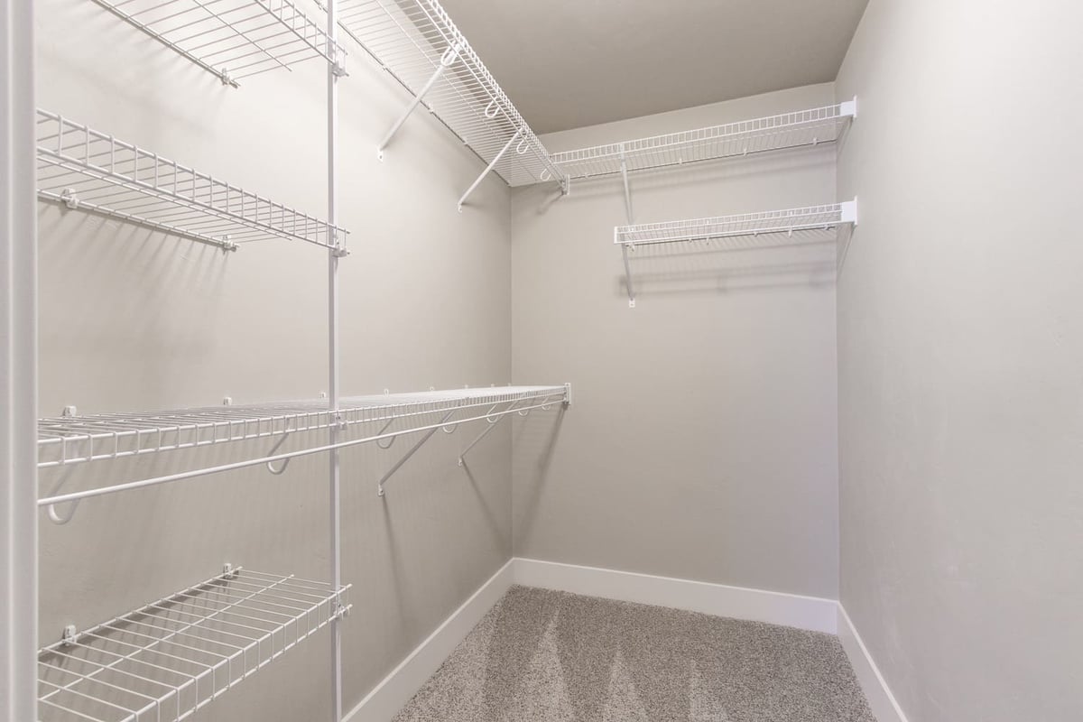 Walk-in closet with white wire shelving and carpeted floor in a new Fox Cities home