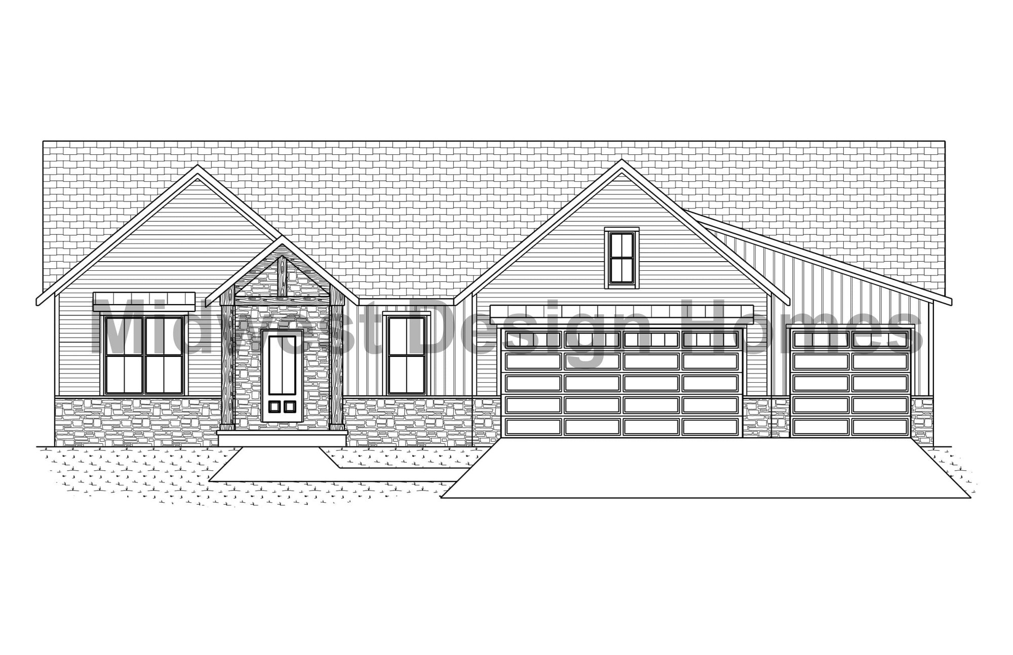 Front elevation drawing of the Chestnut floor plan by Midwest Design Homes