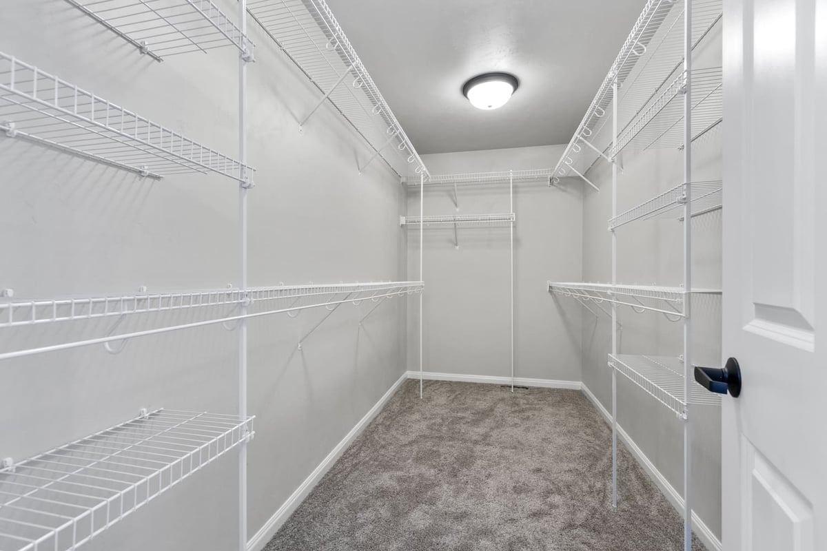 Walk-in closet with carpeted floor and white wire shelving on both sides in a Fox Cities home