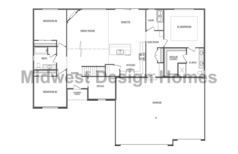 Floor plan layout of a custom ranch home by Midwest Design Homes in Fox Cities, WI