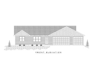 Front elevation drawing of custom ranch-style home by Midwest Design Homes in Kaukauna, WI