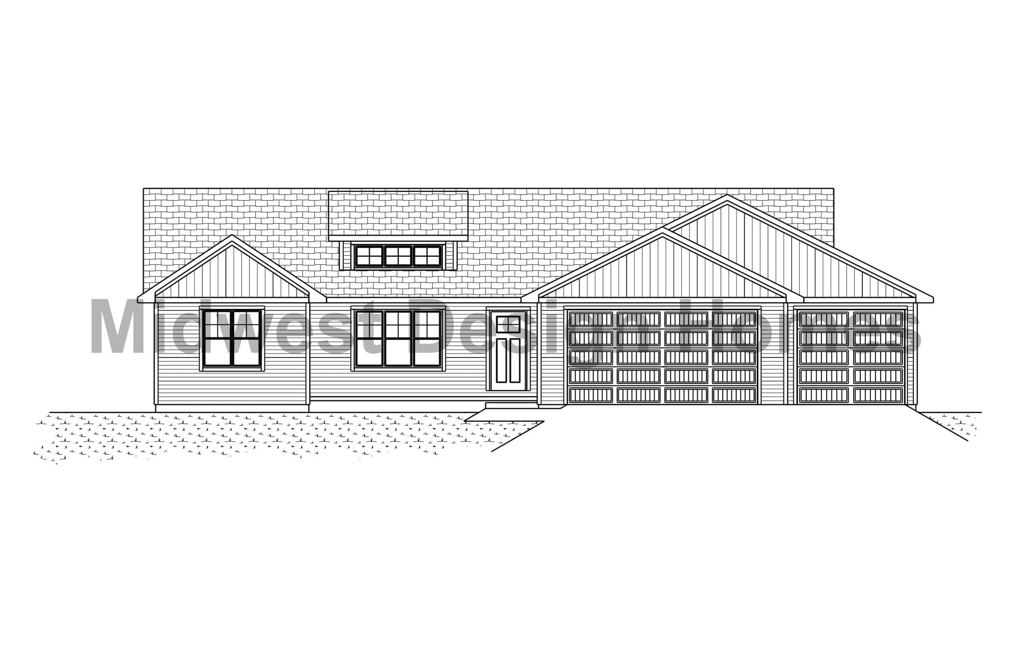 Speedway front elevation drawing of custom ranch-style home by Midwest Design Homes in Kaukauna, WI Speedway front elevation drawing of custom ranch-style home by Midwest Design Homes in Kaukauna, WI