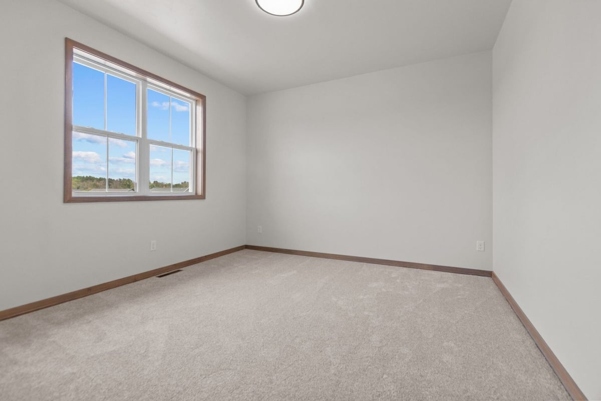 Empty carpeted bedroom with scenic window view in a custom home by Midwest Design Homes in Fox Cities, WI