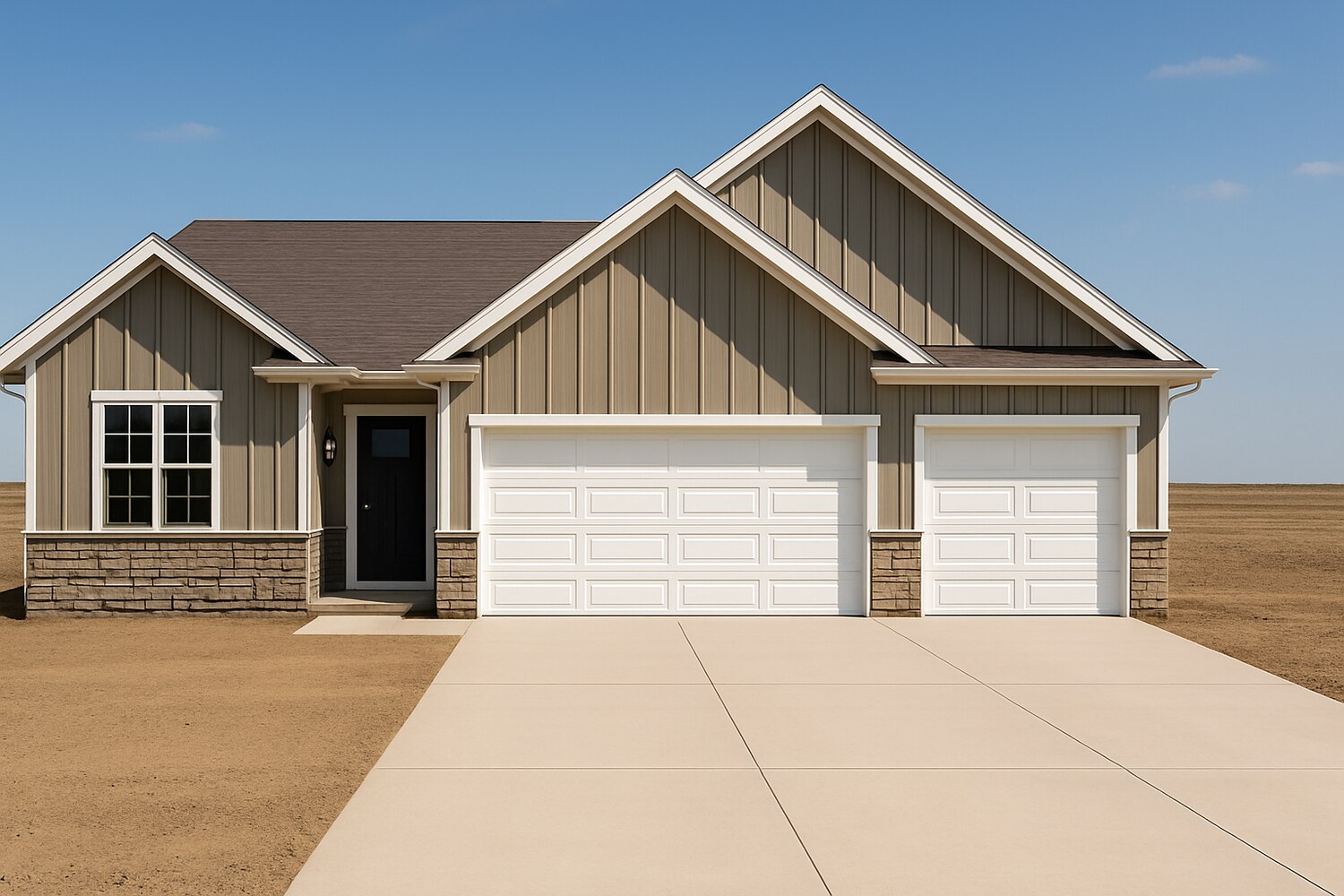 Front exterior of a new custom home by Midwest Design Homes in Kaukauna, WI featuring tan siding and a three-car garage Front exterior of a new custom home by Midwest Design Homes in Kaukauna, WI featuring tan siding and a three-car garage