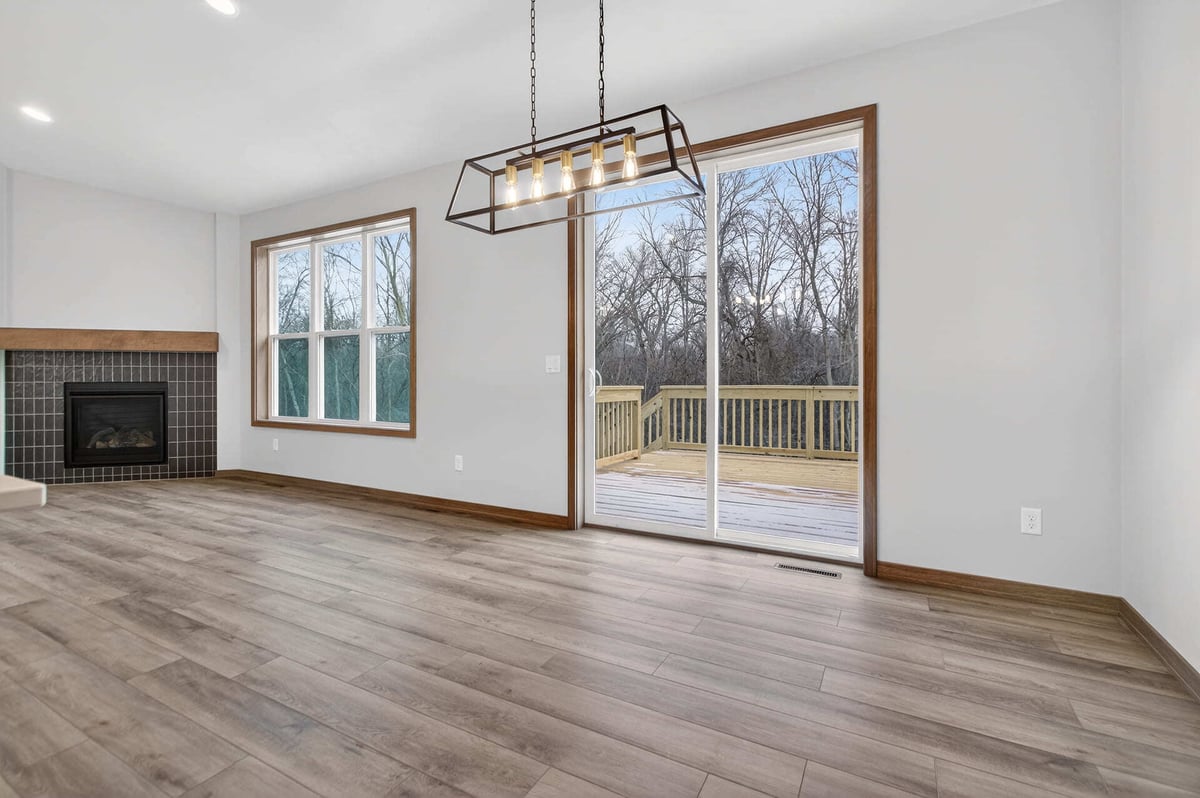 Dining fireplace window patio dining