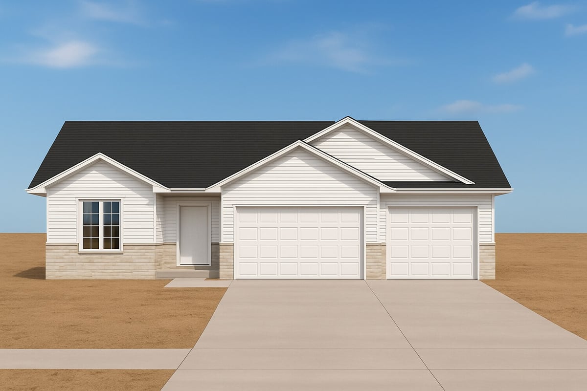 Front view of a custom ranch home with three-car garage by Midwest Design Homes in Kaukauna, WI