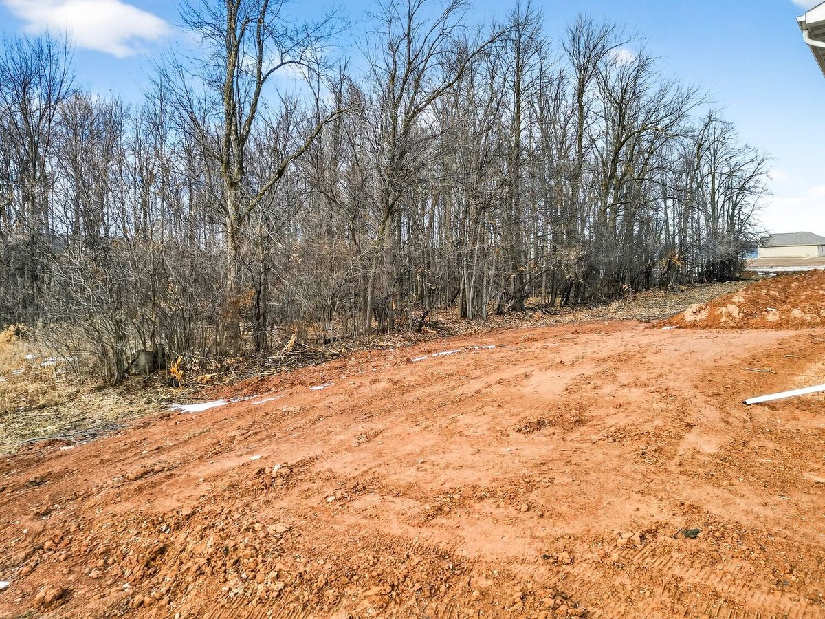 Graded backyard with exposed soil and tree line behind a new home, located in the Fox Cities