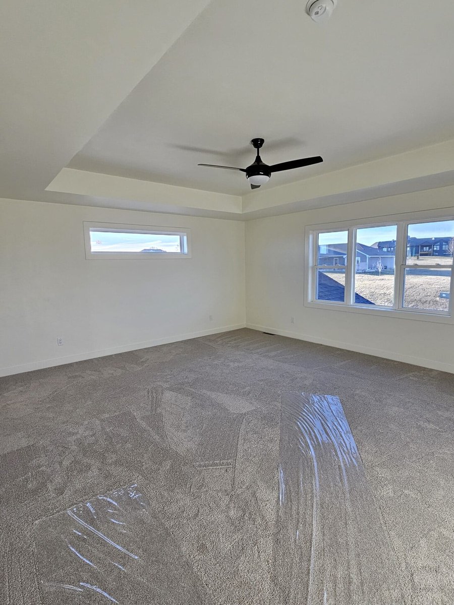 Spacious bedroom with tray ceiling, ceiling fan, multiple windows, and new carpet in a Fox Cities home