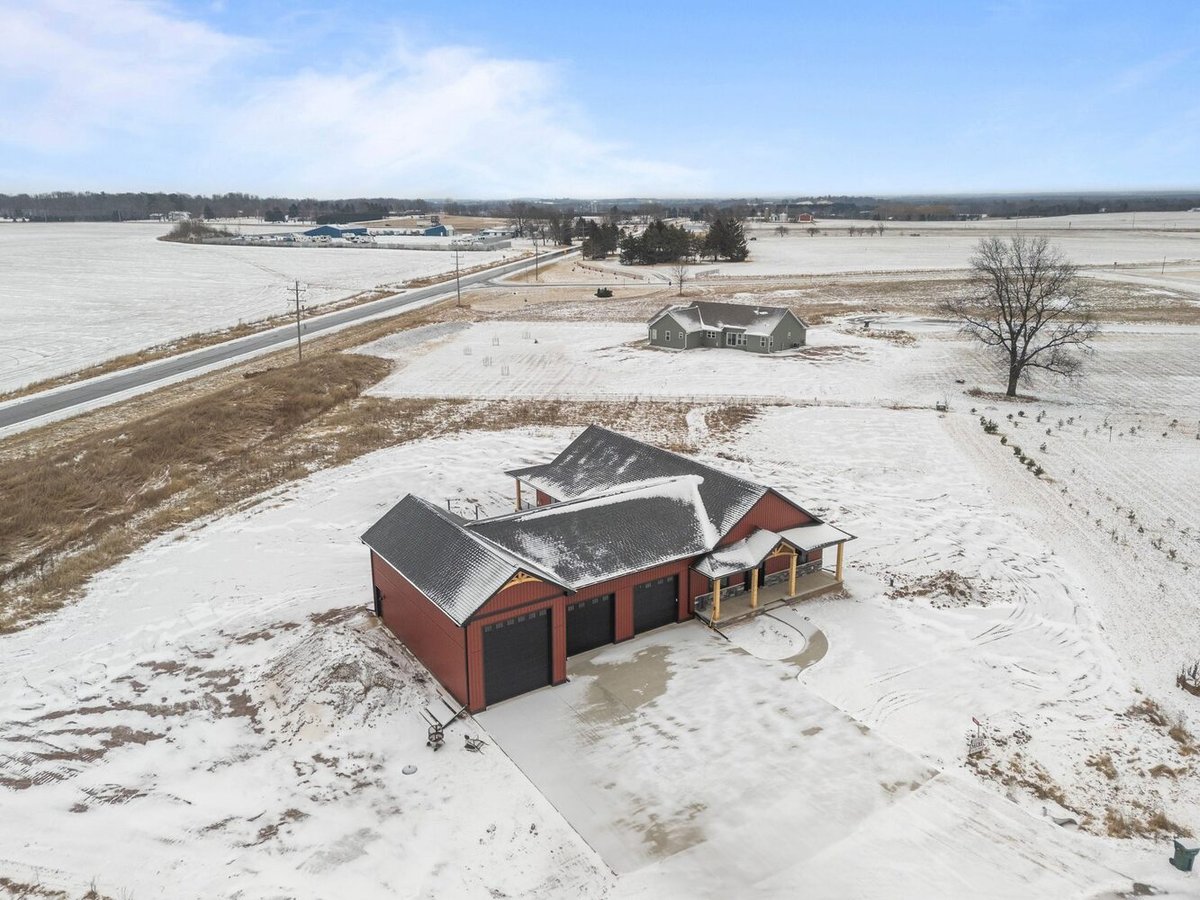 Aerial view of new custom build in snowy Kaukauna by Midwest Design Homes, Wisconsin