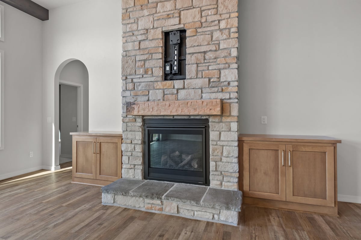 Stone fireplace close-up in custom home by Midwest Design Homes in Fox Cities, Wisconsin