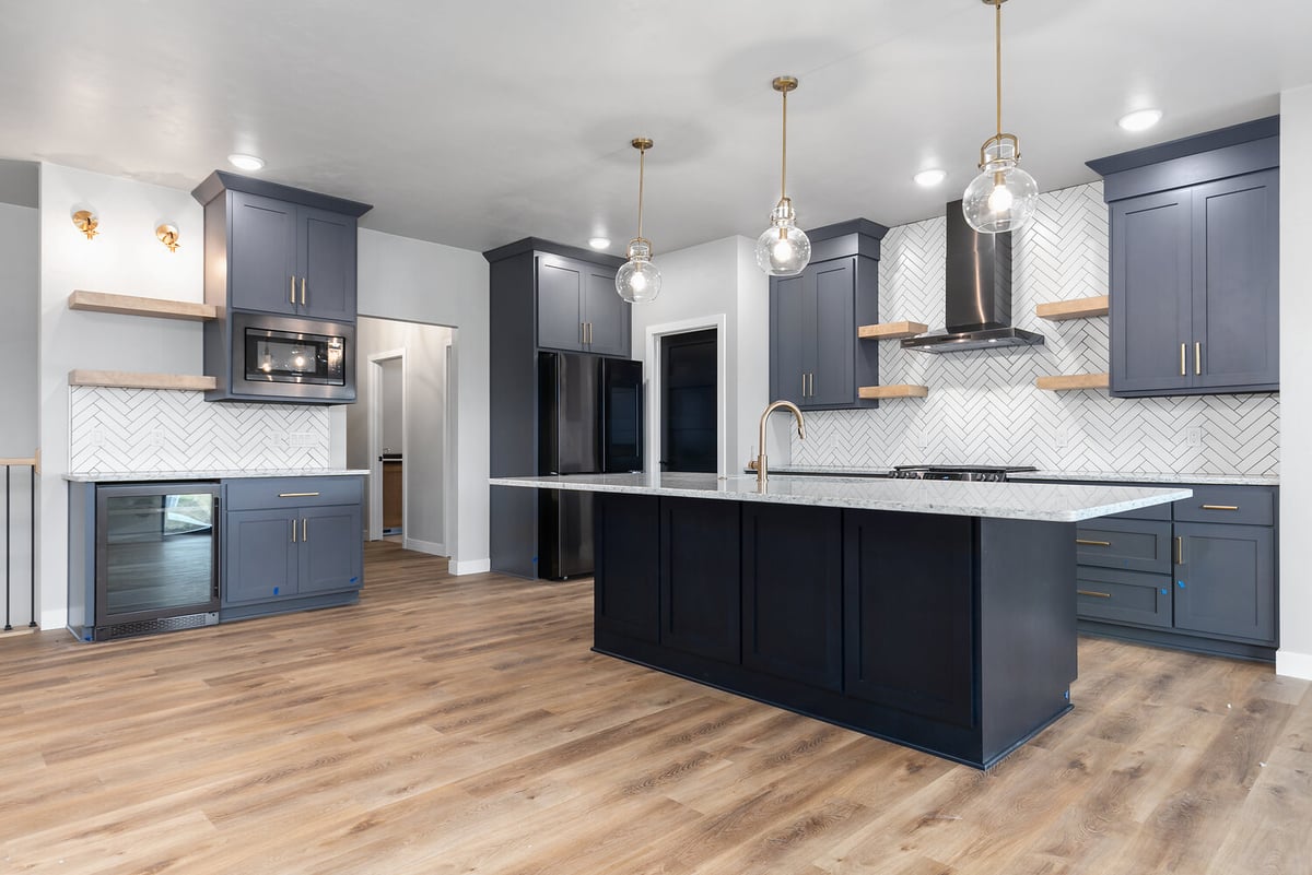 Full view of custom kitchen layout in Kaukauna home by Midwest Design Homes