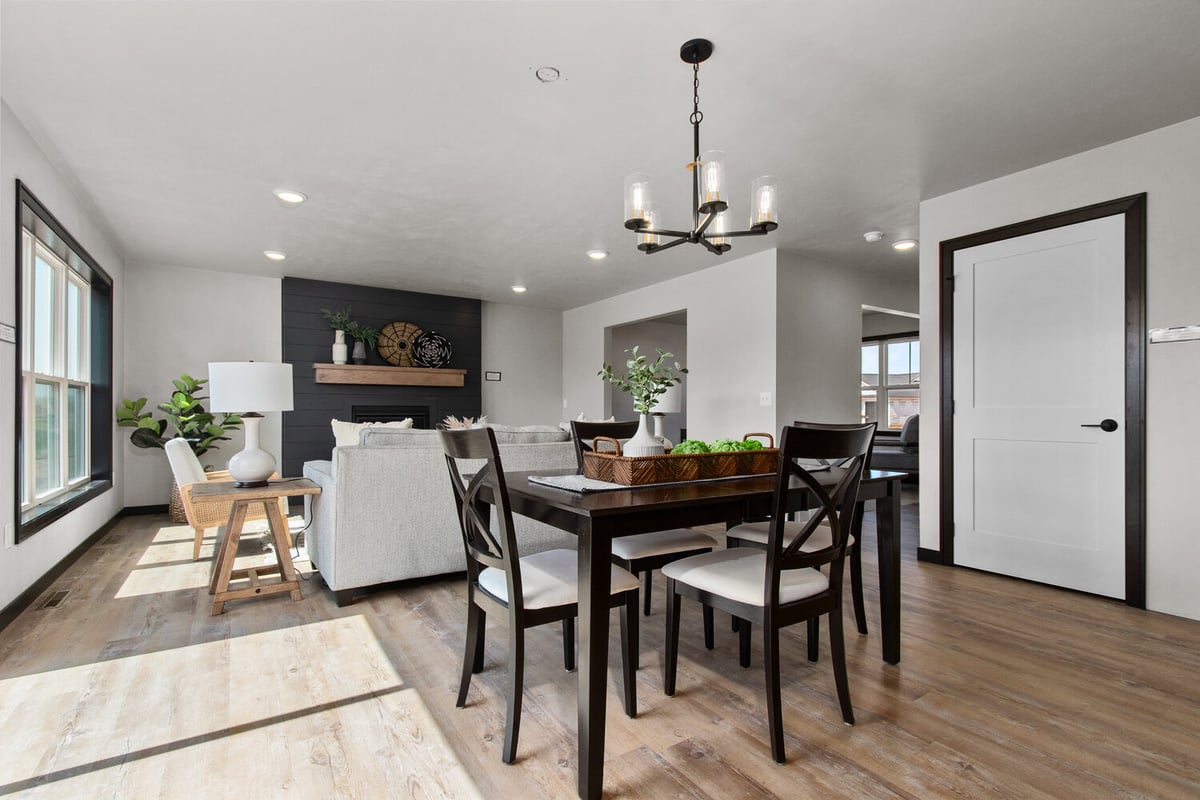 View from dining to living room in Kaukauna WI custom home by Midwest Design Homes