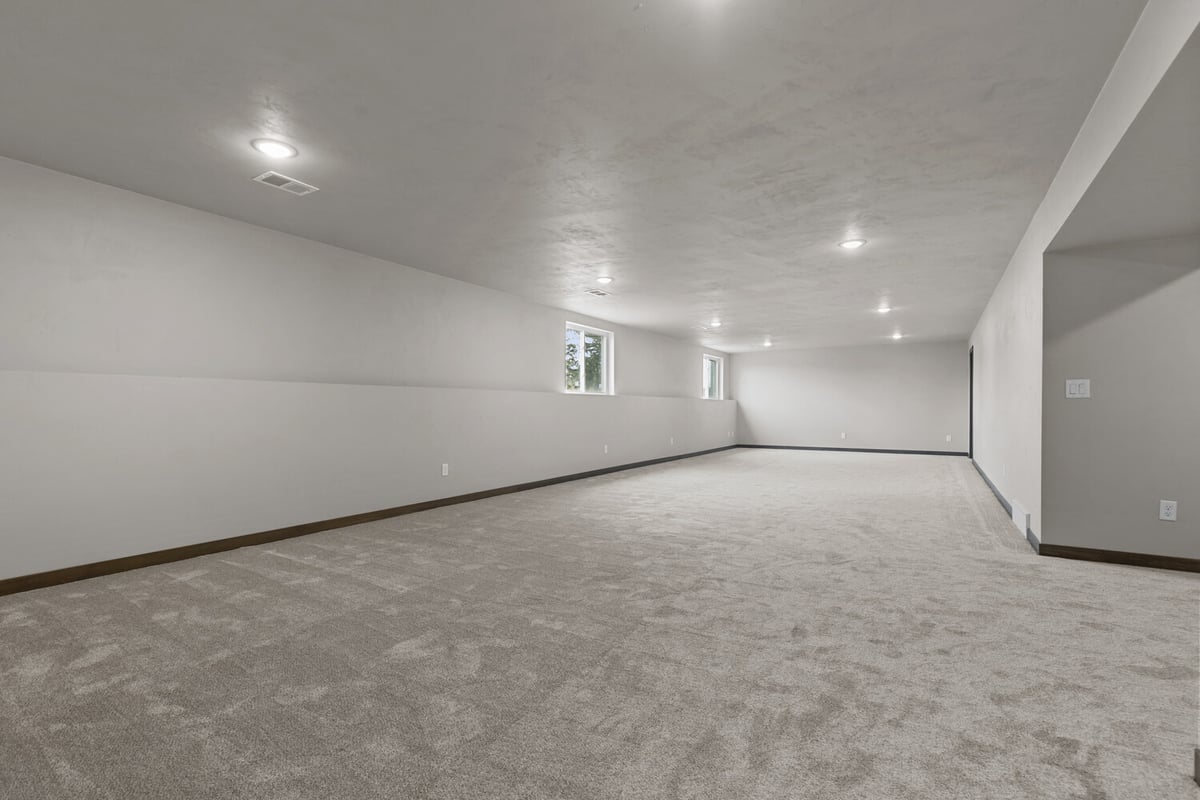 Carpeted basement with natural light in a Midwest Design Homes custom home in Bellevue, WI