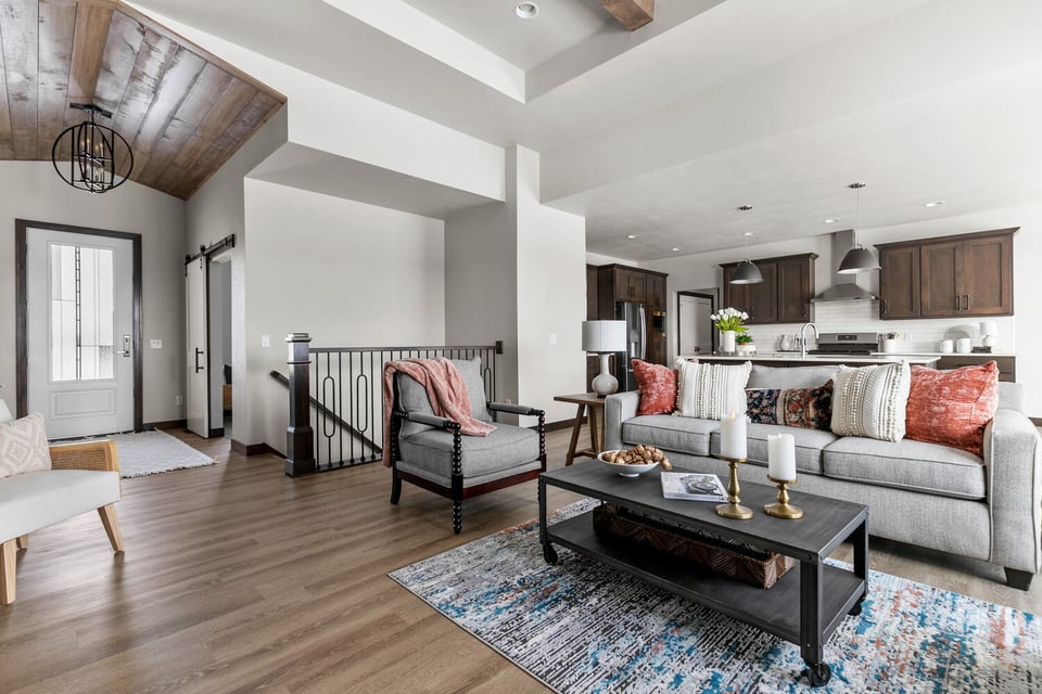 Bright living room and kitchen layout by Midwest Design Homes in De Pere, Wisconsin