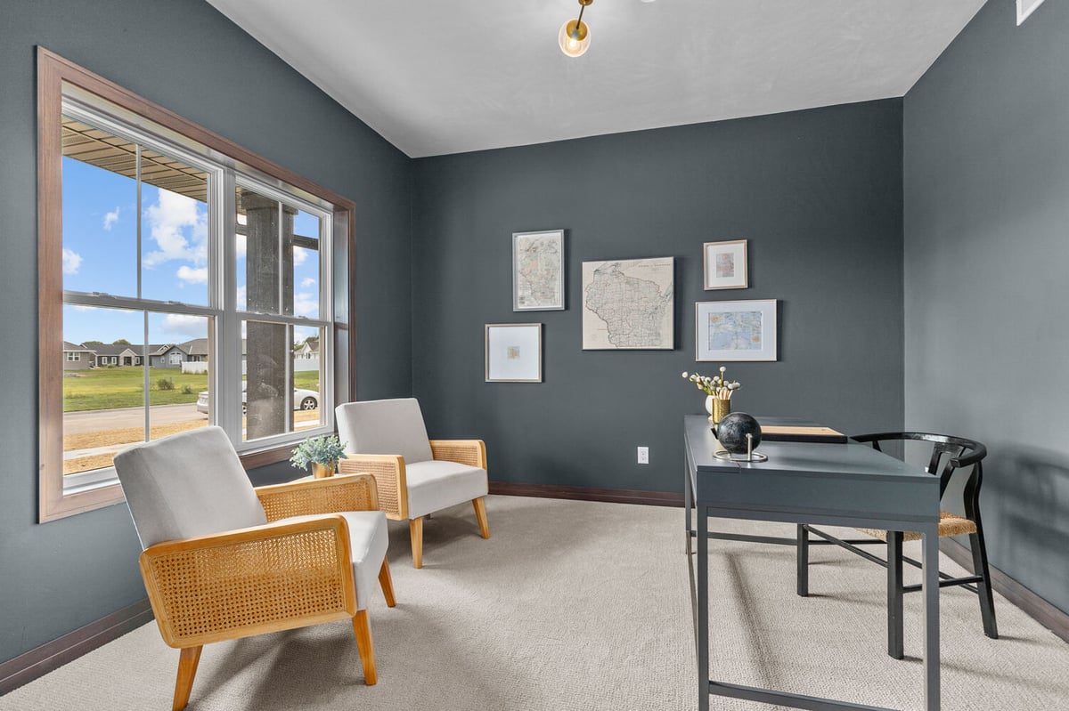 Custom-built office by Midwest Design Homes in Ledgeview, WI with natural light and views