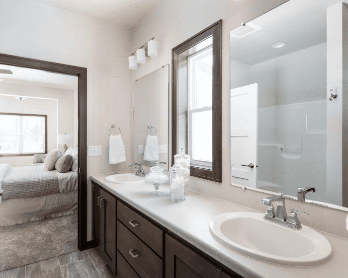 Bathroom vanity with dark wood cabinets and large mirror in a Northeast Wisconsin home