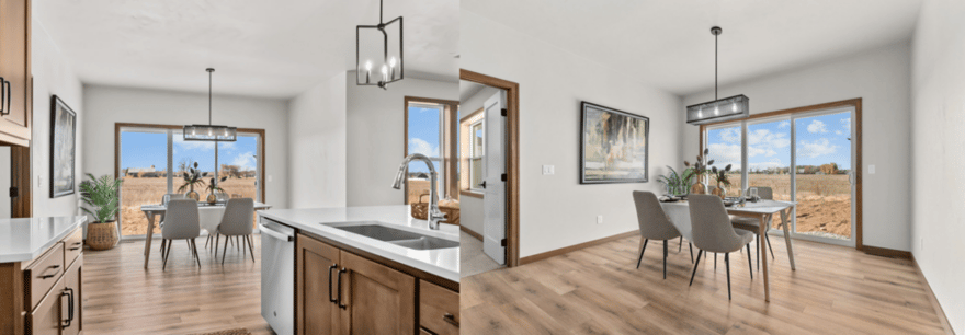 Bright dining area in the Fox Cities with modern light fixture, large windows, wood flooring, and scenic outdoor views-1