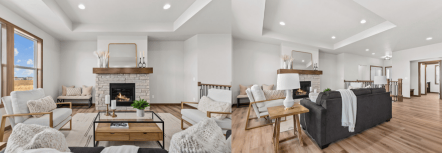 Bright, modern Fox Cities living room with fireplace, white walls, wood accents, and neutral-toned furnishings-1