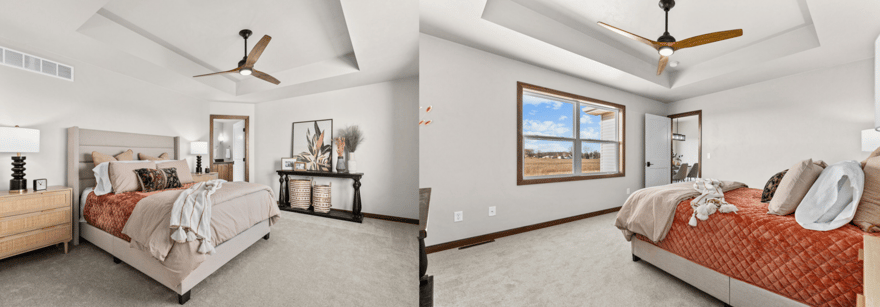 Modern primary bedroom in the Fox Cities with tray ceiling, neutral tones, large window, and cozy decor for a relaxing atmosphere