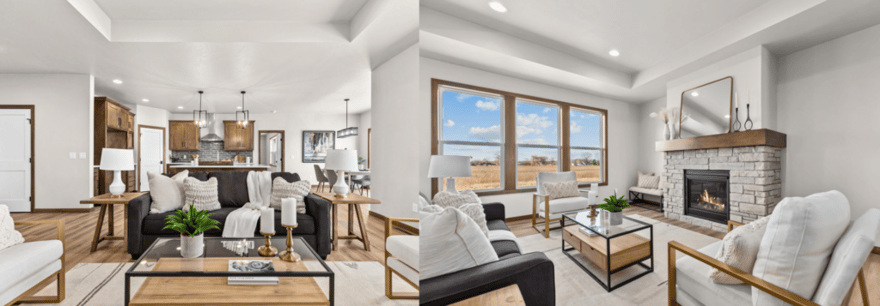 Neutral-toned living room in the Fox Cities featuring a stone fireplace, large windows, and open-concept layout with modern furniture
