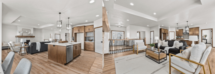 Open-concept kitchen and living area in the Fox Cities with wood cabinetry, cozy fireplace, and neutral-toned modern furnishings-1