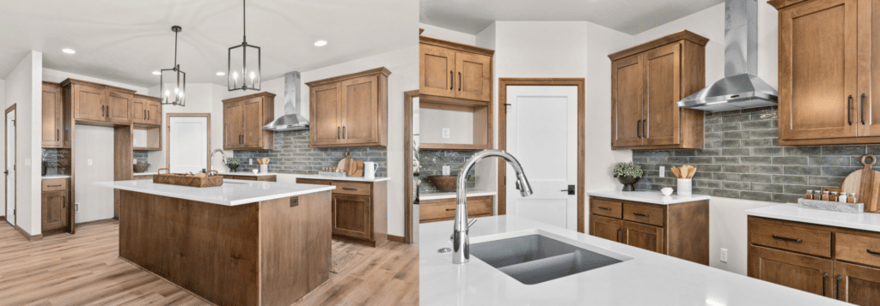 Spacious Fox Cities kitchen with wood cabinetry, white countertops, green tile backsplash, and modern lighting over a central island