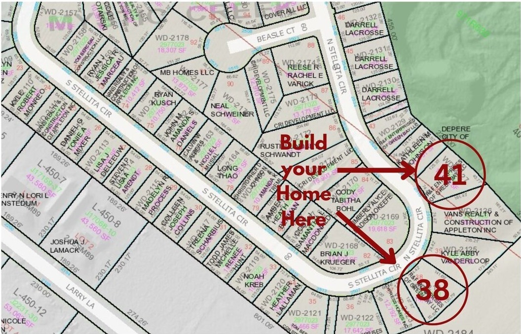 Available home sites in Mystic Creek subdivision by Midwest Design Homes, lots 38 and 41 in De Pere, WI