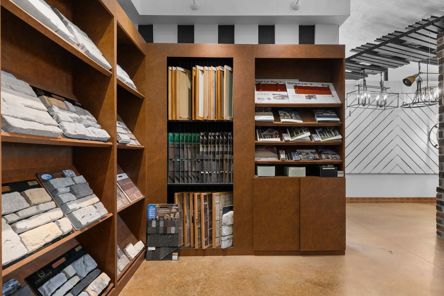 Stone and shingle samples for custom homes at Midwest Design Homes showroom WI